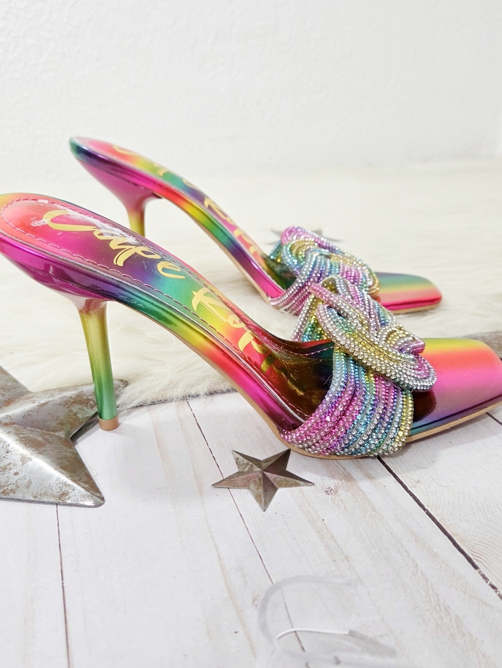 Cape Robbin Flynn rainbow rhinestone heels square toe stiletto women's size 7 - Picture 5 of 8